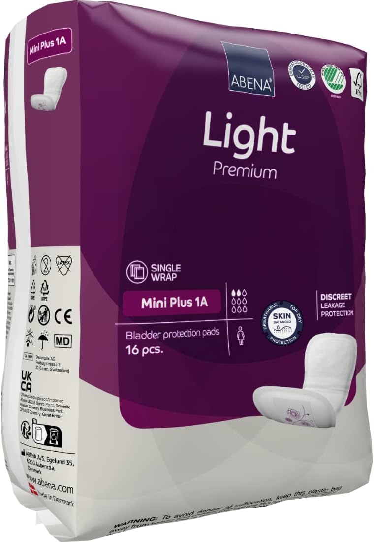 Abena Light Incontinence Pads, Eco-Friendly Women's Incontinence Pads for Adults, Breathable & Comfortable with Fast Absorption & Protection, Incontinence Pads for Women, Mini Plus 1A, 200ml 16PK