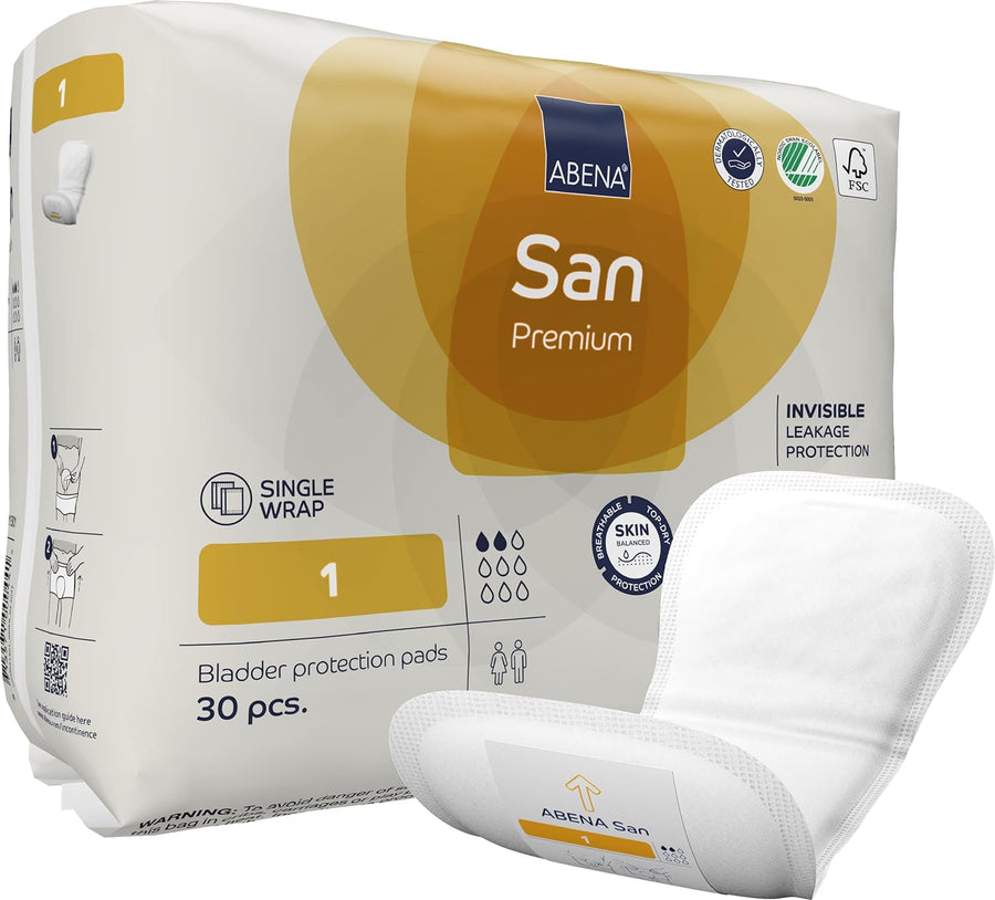 Abena San Premium Incontinence Pads, Light Absorbency, (Sizes 1 to 3A), Size 1, 30 Count