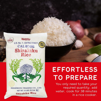 SHIRAKIKU Calrose Rice Medium Grain White Rice - Japanese Premium quality uncooked Milled Rice | Low Calories Perfect for Authentic Asian Cuisine 15 Pound, (Pack of 1)
