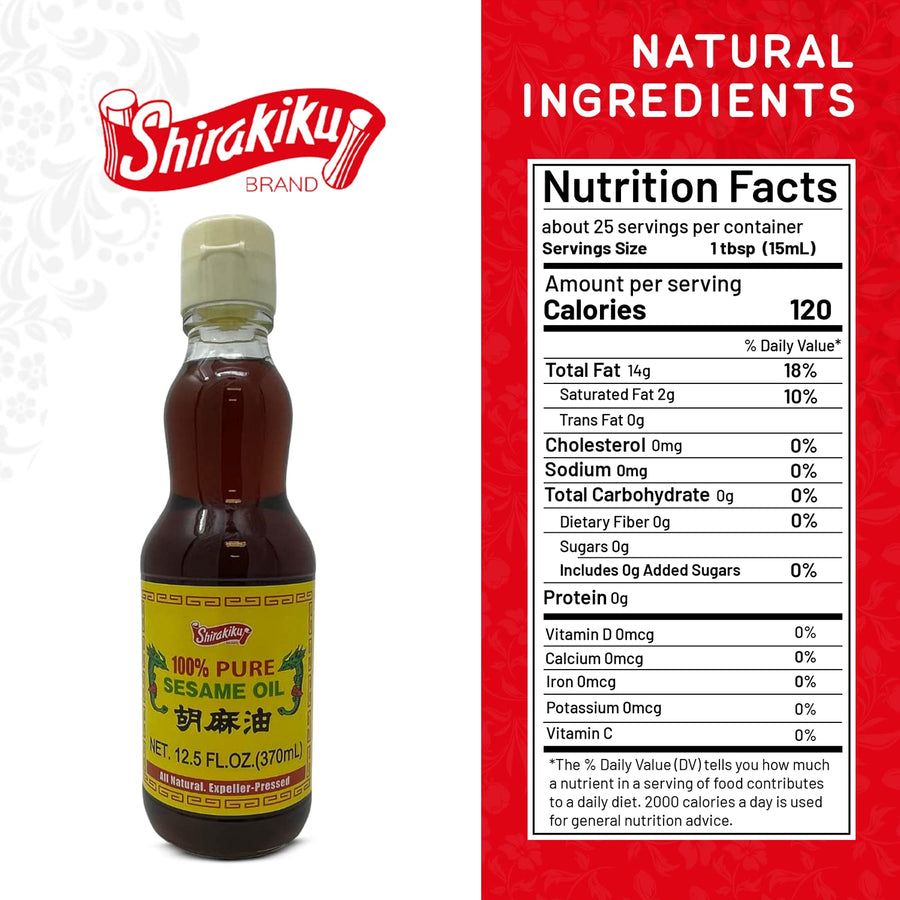 Shirakiku Pure Japanese Sesame Seed Oil - Premium, Low Carb, Cold Pressed and Rich Flavor Natural Sesame Seed Oil Bottle - Perfect for Authentic Oriental Asian Cuisine - 12.5 Fl Oz