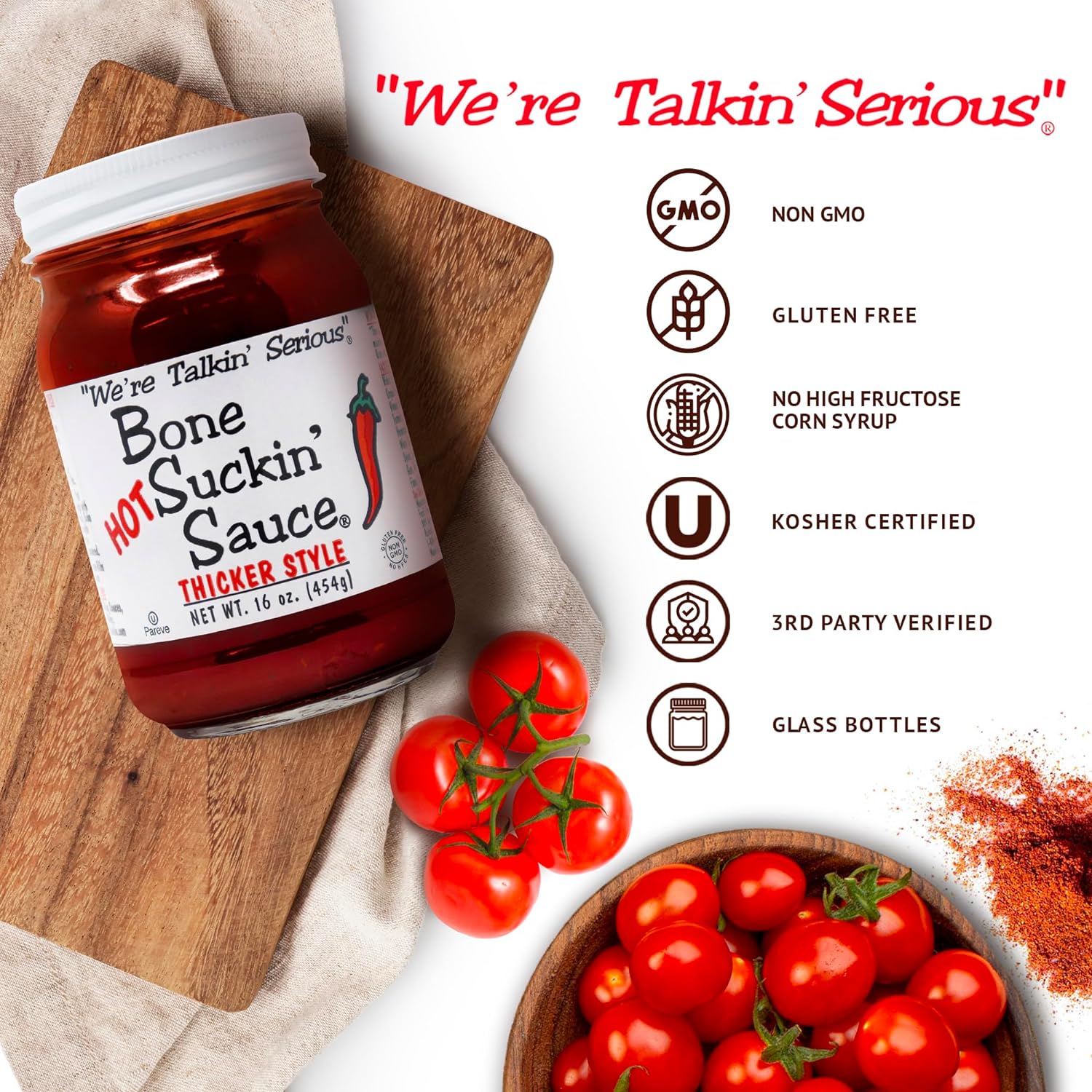 Bone Suckin' Sauce Hot Thicker Style BBQ Sauce - 16 oz in Glass Bottle, Hot Thick Barbecue Sauce For Ribs, Chicken, Pork, Fish, Beef - Gluten-Free, Non-GMO, Kosher, Sweetened w/ Honey & Molasses- 1 Pc