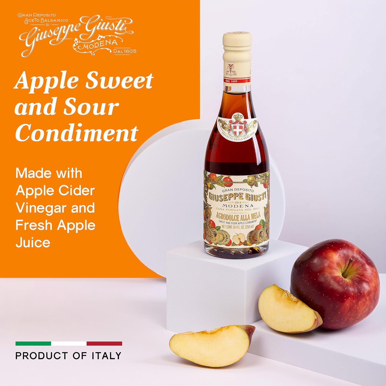 Giusti Mela Apple Vinegar Sweet and Sour Gourmet Fruit Condiment from Modena, Italy, Apple Cider Vinegar, Flavored Balsamic Vinegar, Flavored Vinegar for Salads, Fish, Vegetables, Soups, and Cooking
