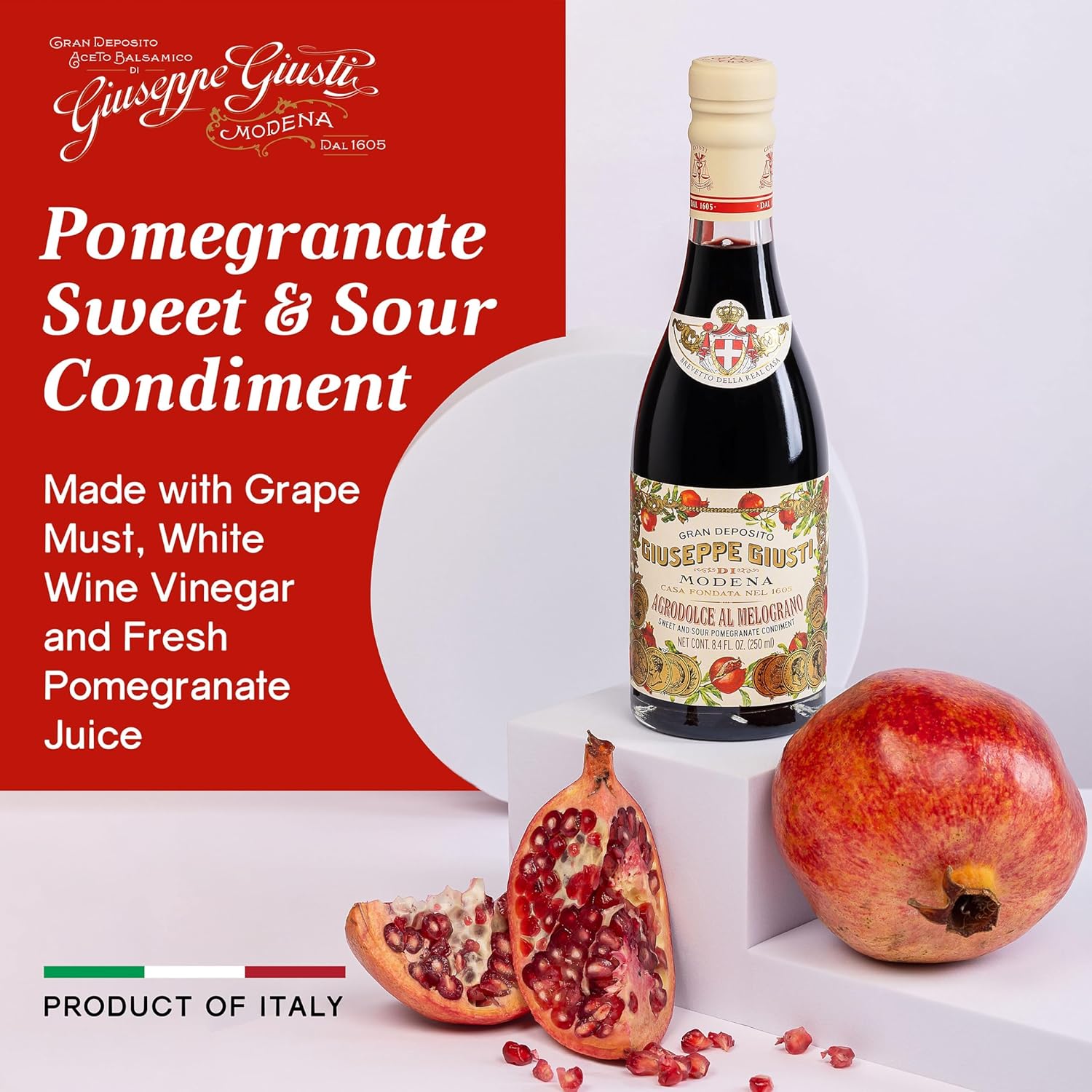 Giusti Pomegranate Vinegar Sweet and Sour Gourmet Fruit Condiment from Modena, Italy, White Vinegar, Flavored Balsamic Vinegar, Flavored Vinegar for Salads, White Meat, Fruit, Cocktails, and Cooking