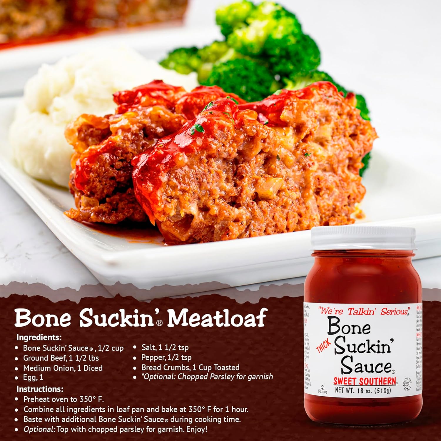 Bone Suckin' Sauce Sweet Southern Thick BBQ Sauce, 18 oz Glass Bottle, For Ribs, Chicken, Pork, Beef - Gluten-Free, Non-GMO, Kosher, Thick Barbecue Sauce Sweetened with Cane Sugar & Molasses - 1 Pc