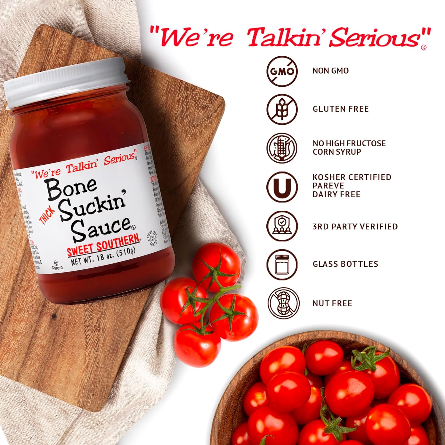 Bone Suckin' Sauce Sweet Southern Thick BBQ Sauce, 18 oz Glass Bottle, For Ribs, Chicken, Pork, Beef - Gluten-Free, Non-GMO, Kosher, Thick Barbecue Sauce Sweetened with Cane Sugar & Molasses - 1 Pc
