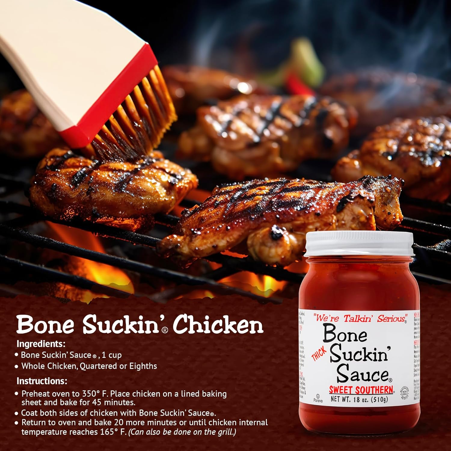 Bone Suckin' Sauce Sweet Southern Thick BBQ Sauce, 18 oz Glass Bottle, For Ribs, Chicken, Pork, Beef - Gluten-Free, Non-GMO, Kosher, Thick Barbecue Sauce Sweetened with Cane Sugar & Molasses - 1 Pc