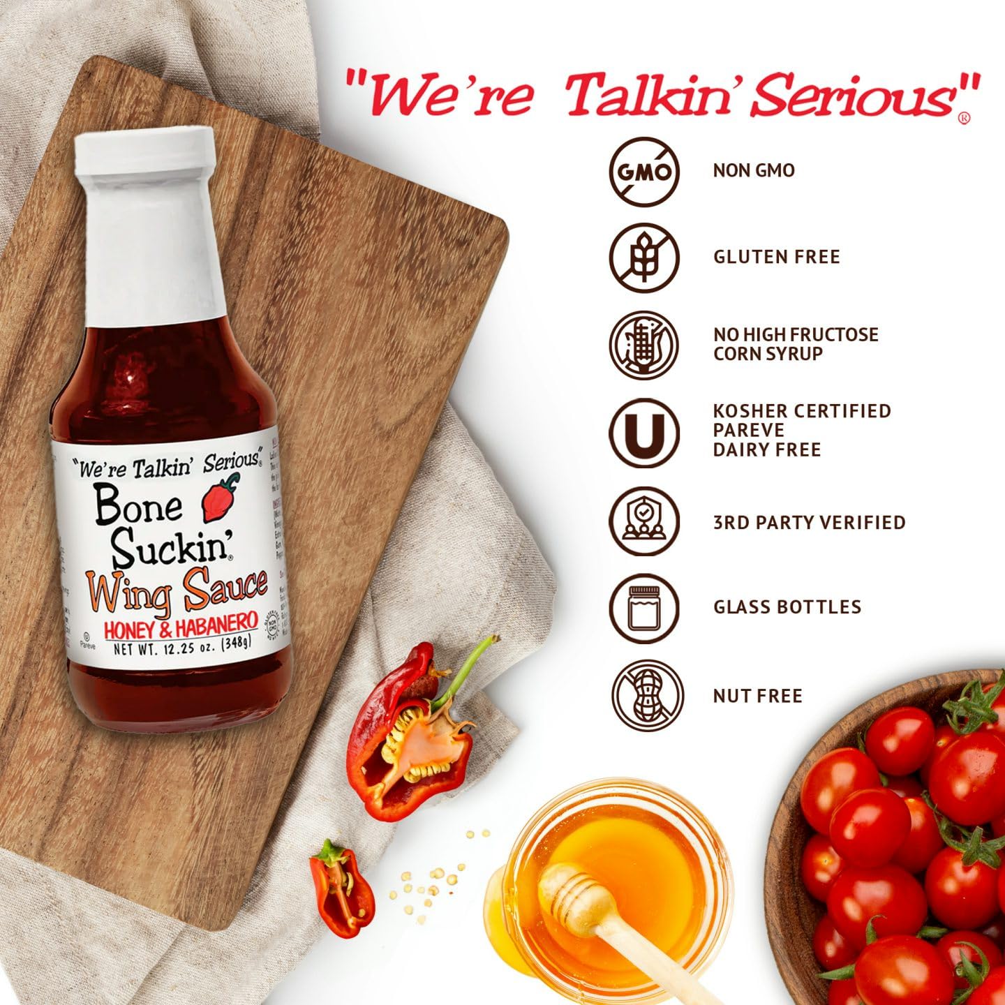Bone Suckin' Honey & Habanero Wing Sauce: For Chicken Wings, Turkey Wings & Also Great For Ribs, Chicken, Pork, Beef - Gluten Free, Sweetened With Honey & Molasses, In Glass Bottle, 12.25oz - 1 Pc
