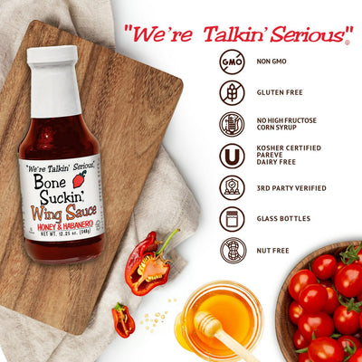Bone Suckin' Honey & Habanero Wing Sauce: For Chicken Wings, Turkey Wings & Also Great For Ribs, Chicken, Pork, Beef - Gluten Free, Sweetened With Honey & Molasses, In Glass Bottle, 12.25oz - 1 Pc