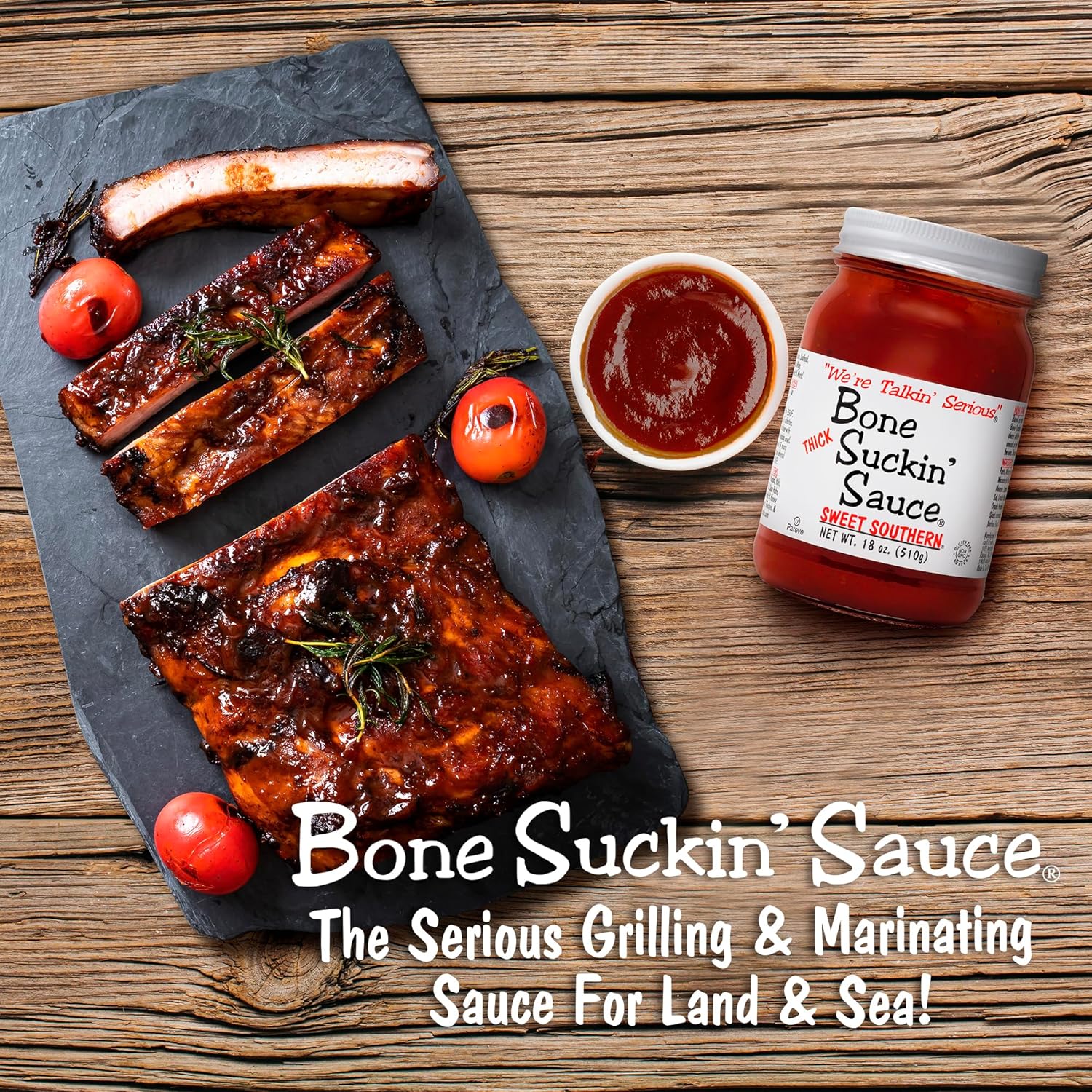 Bone Suckin' Sauce Sweet Southern Thick BBQ Sauce, 18 oz Glass Bottle, For Ribs, Chicken, Pork, Beef - Gluten-Free, Non-GMO, Kosher, Thick Barbecue Sauce Sweetened with Cane Sugar & Molasses - 1 Pc