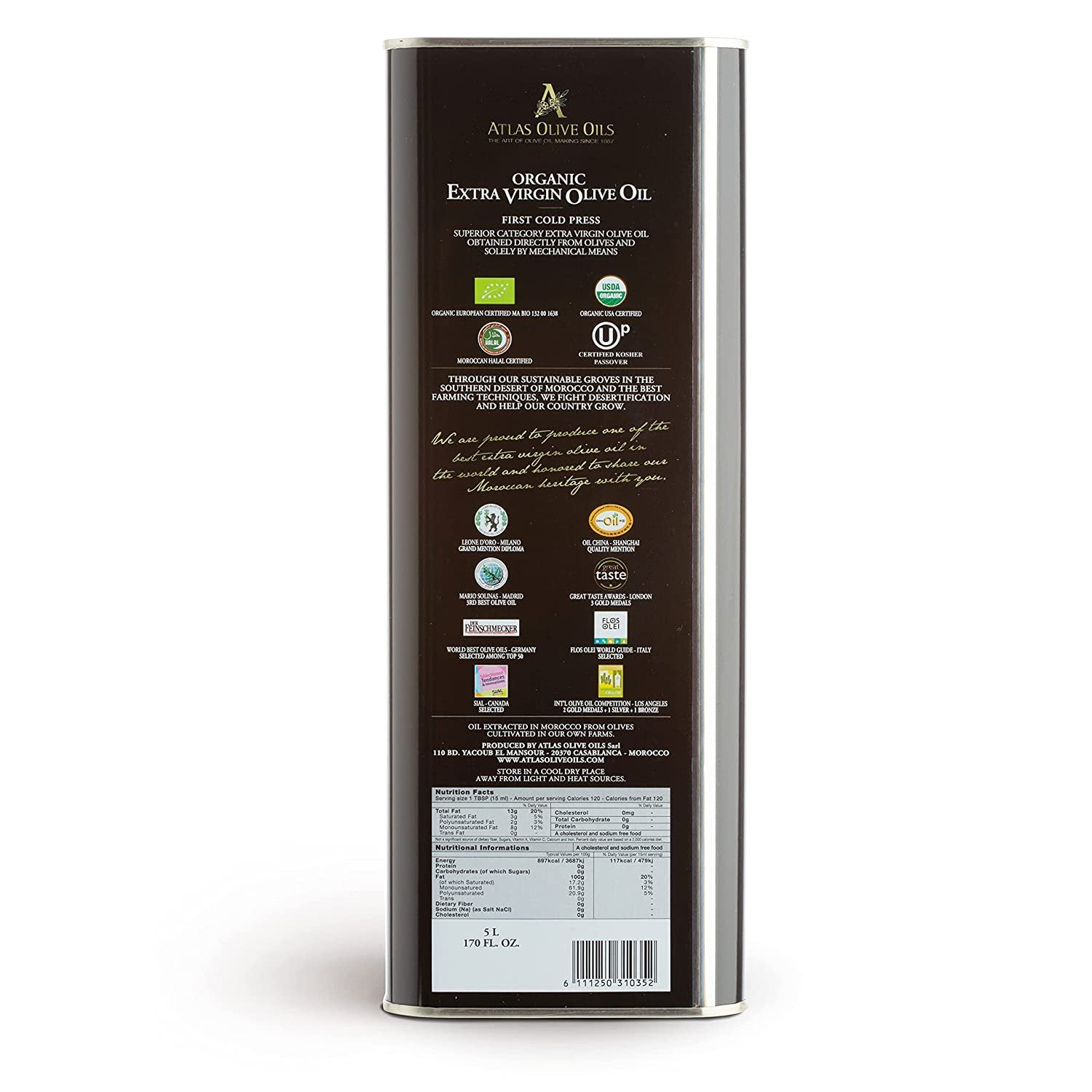 Atlas 5 LT Bulk Organic Cold Pressed Moroccan Extra Virgin Olive Oil, Polyphenol Rich | EVOO From Morocco, Newly Harvested Unprocessed from One Single Family Farm | Trusted by Michelin Star Chefs