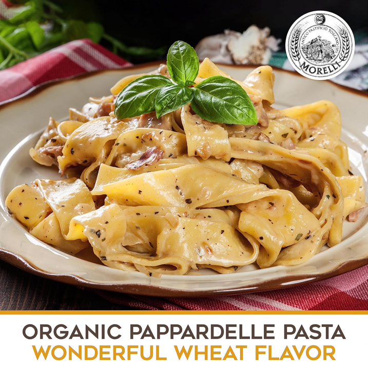 Morelli Organic Pappardelle Pasta Noodles - Imported Pasta from Italy, Wide pappardelle Noodles, Gourmet Italian Durum Wheat Salomina with Wheat Germ - 17.6oz (500g) - Pack of 1