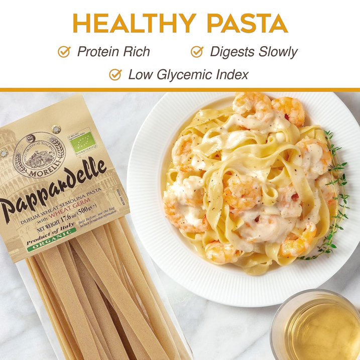 Morelli Organic Pappardelle Pasta Noodles - Imported Pasta from Italy, Wide pappardelle Noodles, Gourmet Italian Durum Wheat Salomina with Wheat Germ - 17.6oz (500g) - Pack of 1