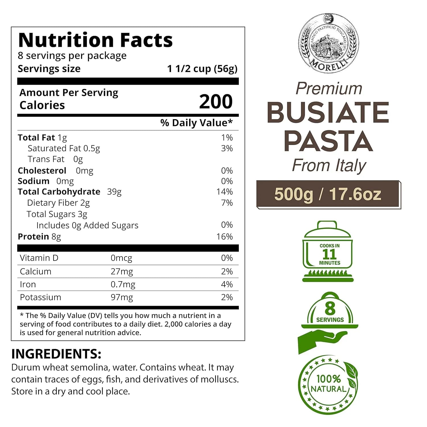 Morelli Spiral Pasta - Organic Premium Durum Wheat Semolina Italian Pasta from Italy - Protein-Rich, Ancient Grains, All Natural, Gourmet Italian - Busiate Pasta (Trofie, Gemelli) 17.6 Oz - Pack of 1