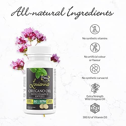 Organic Wild Oregano Oil with Vitamin D, Liquid Softgel Capsules with 80 Percent Carvacrol, Supports Your Bones, Immune and Gut Health, Herbal Supplements, 120 Softgels