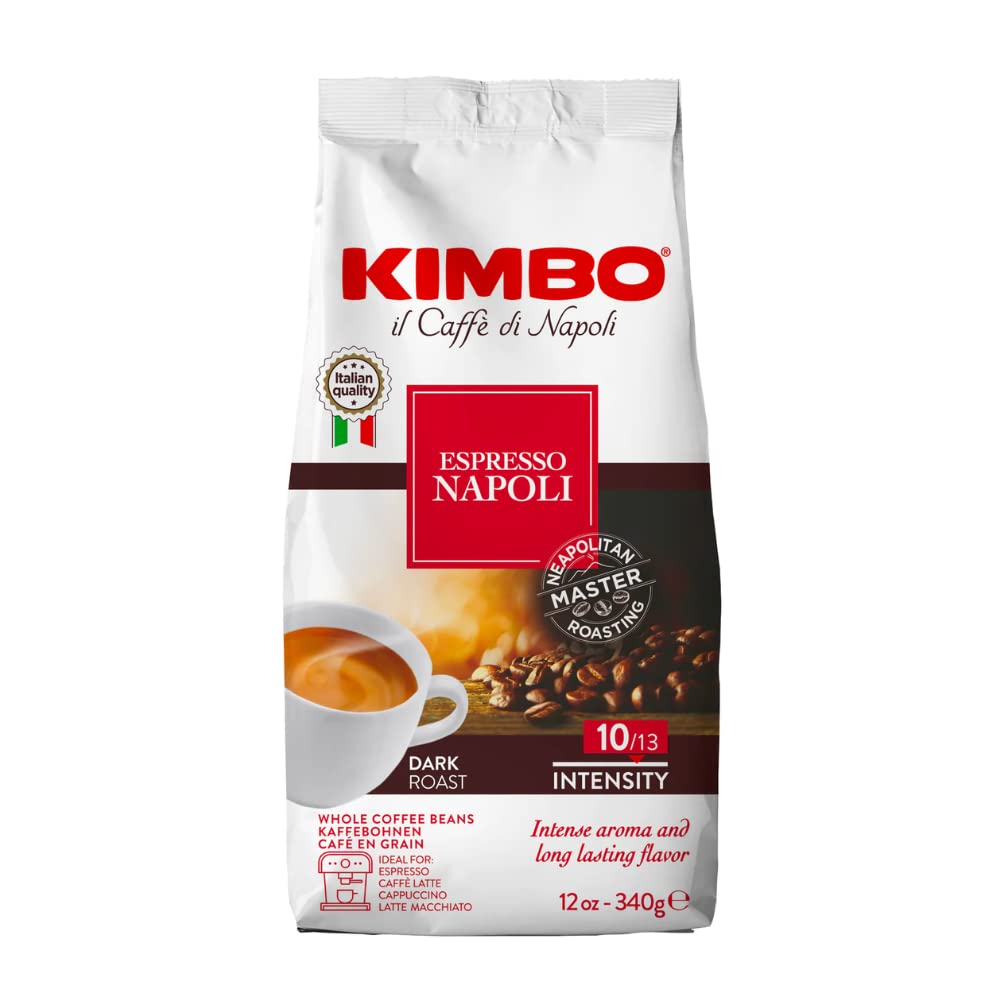 Kimbo Espresso Napoli Whole Beans 12 Oz Bag - Blended and Roasted in Italy - Medium to Dark Roast with Pleasant Floral Flavors