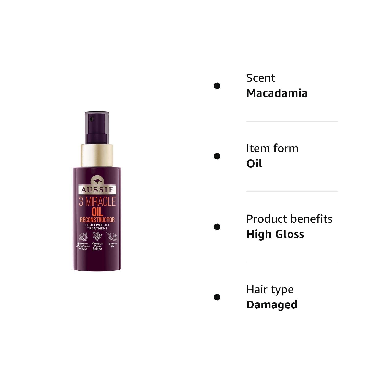 Aussie 3 Miracle Hair Oil Reconstructor with Macadamia Hair Oil for Damaged Hair 100 ml
