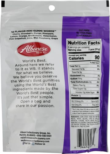 Albanese World's Best 12 Flavor Mini Gummi Worms, 9 Ounce Bag