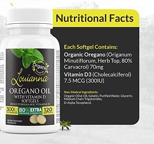 Organic Wild Oregano Oil with Vitamin D, Liquid Softgel Capsules with 80 Percent Carvacrol, Supports Your Bones, Immune and Gut Health, Herbal Supplements, 120 Softgels