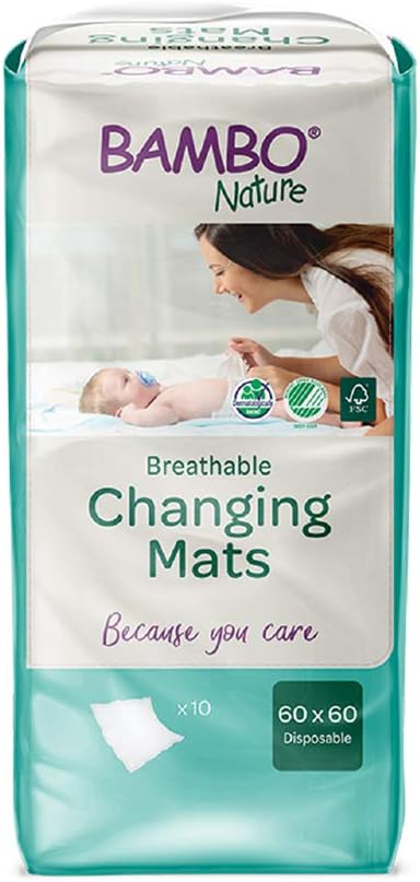 Bambo Baby Changing Mat, Eco-Friendly Disposable Changing Mats, Extra Soft for Comfort, Ultra-Absorbent Disposable Changing Mats, Leakage Protection, Sustainably Sourced Changing Mats - 60x60cm 10PK