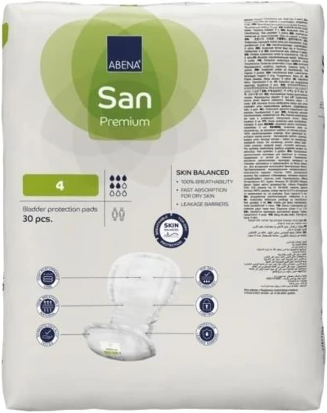 Abena San Premium Incontinence Pads, Moderate Absorbency, (Sizes 4 to 7), Size 4, 30 Count