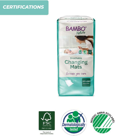 Bambo Baby Changing Mat, Eco-Friendly Disposable Changing Mats, Extra Soft for Comfort, Ultra-Absorbent Disposable Changing Mats, Leakage Protection, Sustainably Sourced Changing Mats - 60x60cm 10PK