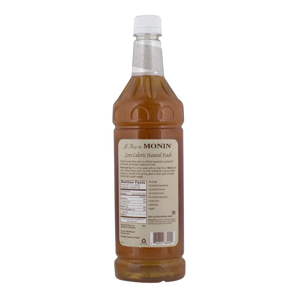Monin - Zero Calorie Natural Peach Syrup, Fresh and Juicy Flavors, Great for Iced Teas, Lemonades, and Sodas, Non-GMO, Gluten-Free (1 Liter)