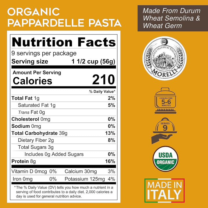 Morelli Organic Pappardelle Pasta Noodles - Imported Pasta from Italy, Wide pappardelle Noodles, Gourmet Italian Durum Wheat Salomina with Wheat Germ - 17.6oz (500g) - Pack of 1