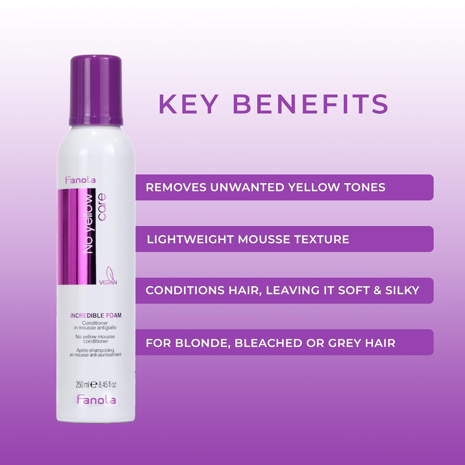 Fanola No Yellow Incredible Foam - Purple Hair Conditioner Mousse Toner With Violet Pigments Removes Yellow And Brassiness On Bleached, Blonde Or Highlighted Hair 8.4oz