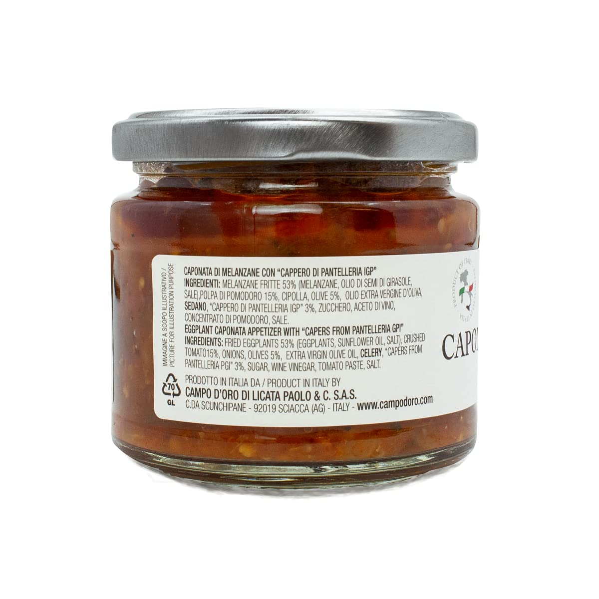 Sicilian Eggplant Caponata, Glass, Jar 6.3 oz. Sicilian recipe for antipasto, appetizer, side dish or pasta with Eggplant, Tomato, Onion, Celery, Olives and Capers. 100% Made in Italy, Campo D'Oro