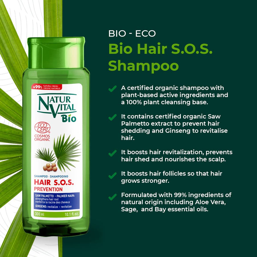 Natur Vital Hair S.O.S. Bio Ecocert Natural, Plant-based Prevention Shampoo with Saw Palmetto