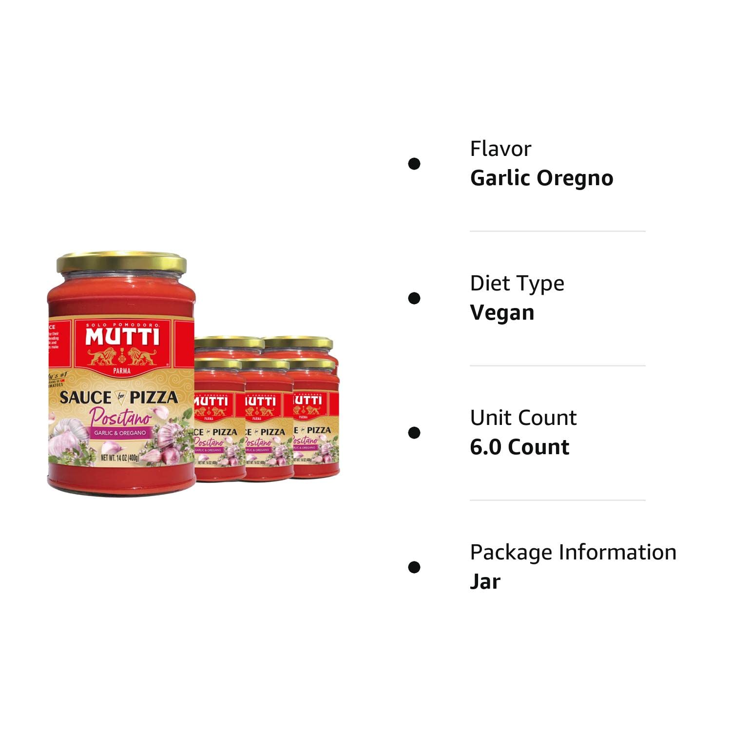 Mutti Positano Sauce for Pizza with Garlic & Oregano, 14 oz. | Italy’s #1 Brand of Tomatoes | Pack of 6 | Tomato Sauce for Pizza | Vegan Friendly & Gluten Free | No Additives or Preservatives
