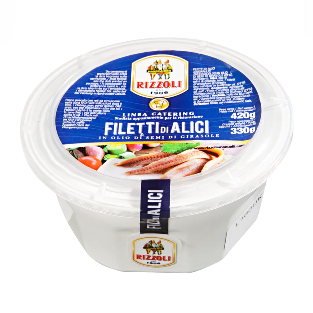 Anchovy Filets in Sunflower Oil Rizzoli, For Pizza,Pasta, Salads,Fresh Anchovies from Italy, Handy Bucket. Net Wt. : 14.82 oz / 420 g By Tita Italian