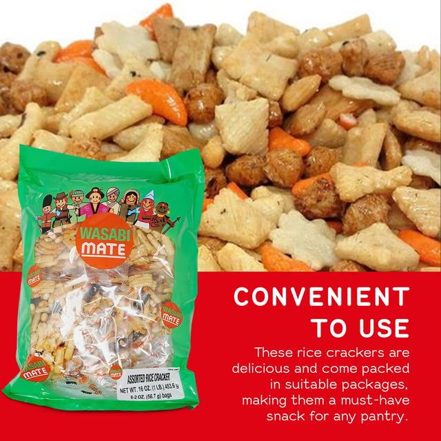 Shirakiku Japanese Assorted Rice Cracker Wasabi Mate - Oriental Asian Arare Rice Crackers Snacks | Glutinous Rice, Soy Sauce, and Seaweed | Wasabi Flavor, 16 Oz - (Pack of 1)