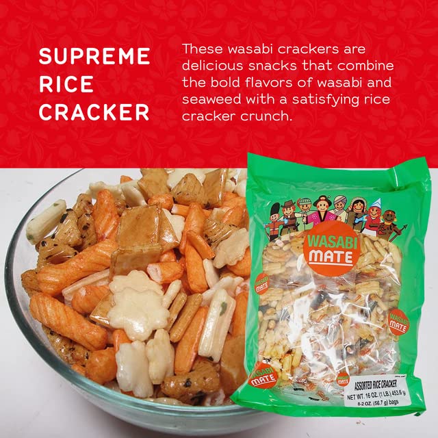 Shirakiku Japanese Assorted Rice Cracker Wasabi Mate - Oriental Asian Arare Rice Crackers Snacks | Glutinous Rice, Soy Sauce, and Seaweed | Wasabi Flavor, 16 Oz - (Pack of 1)