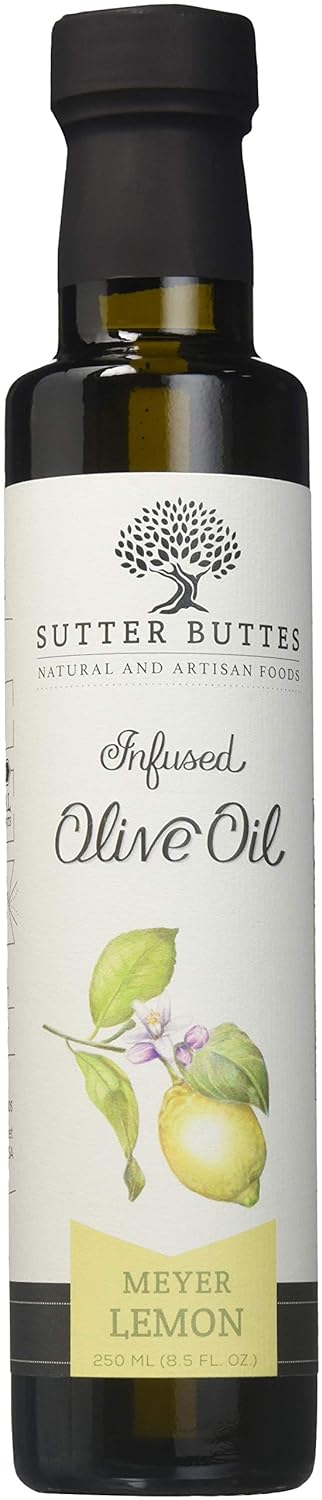 Sutter Buttes Extra Virgin Olive Oil - Meyer Lemon Infused (250 ml bottle) Handcrafted, Artisan Gourmet EVOO Cold Pressed and Flavored w/ Premium Fresh Lemon Juice, Unfiltered, Unrefined Olive Oil