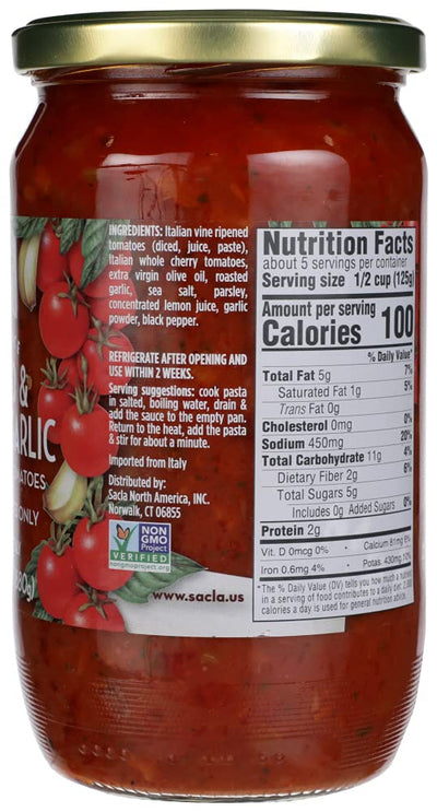 All Natural Whole Cherry Tomato and Roasted Garlic Pasta Sauce NON GMO. Imported From Italy