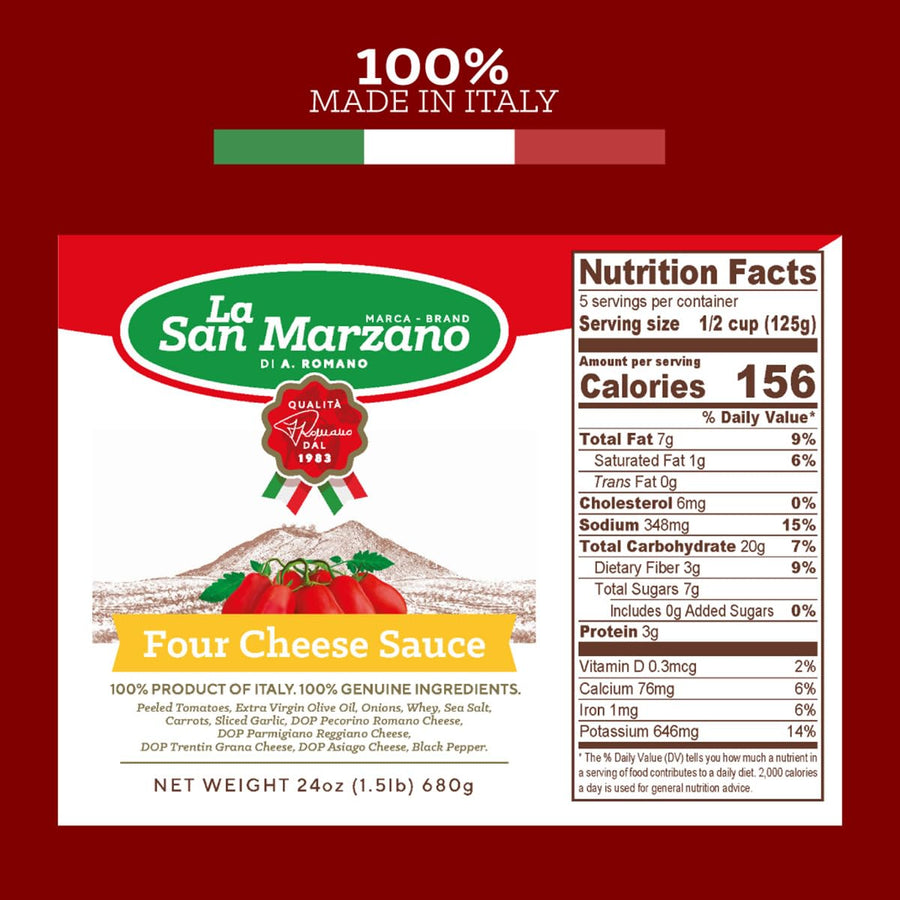 La San Marzano - Four Cheese Sauce - Pasta Sauce with 100% Italian Tomatoes Made in Italy - Peeled Tomatoes with Fresh and Natural Ingredients Gluten Free, Kosher 24 Ounce Jar