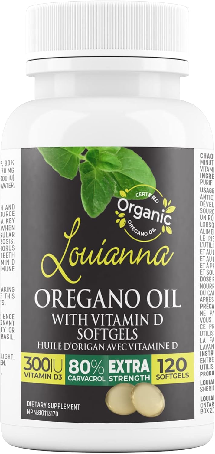 Organic Wild Oregano Oil with Vitamin D, Liquid Softgel Capsules with 80 Percent Carvacrol, Supports Your Bones, Immune and Gut Health, Herbal Supplements, 120 Softgels