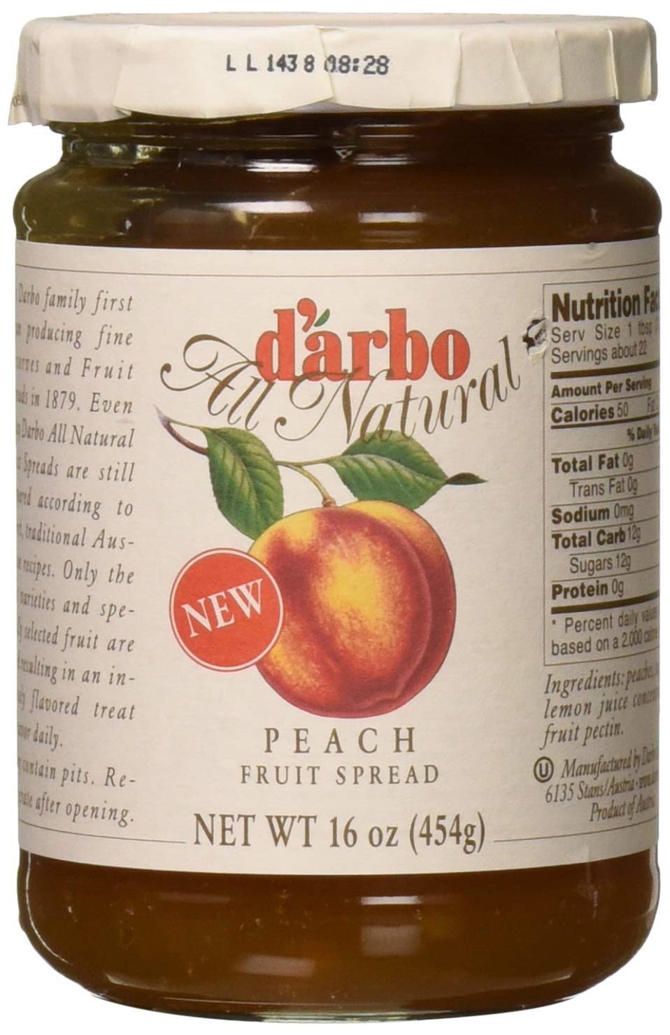 d'arbo All Natural Peach Fruit Spread, 16 Ounce