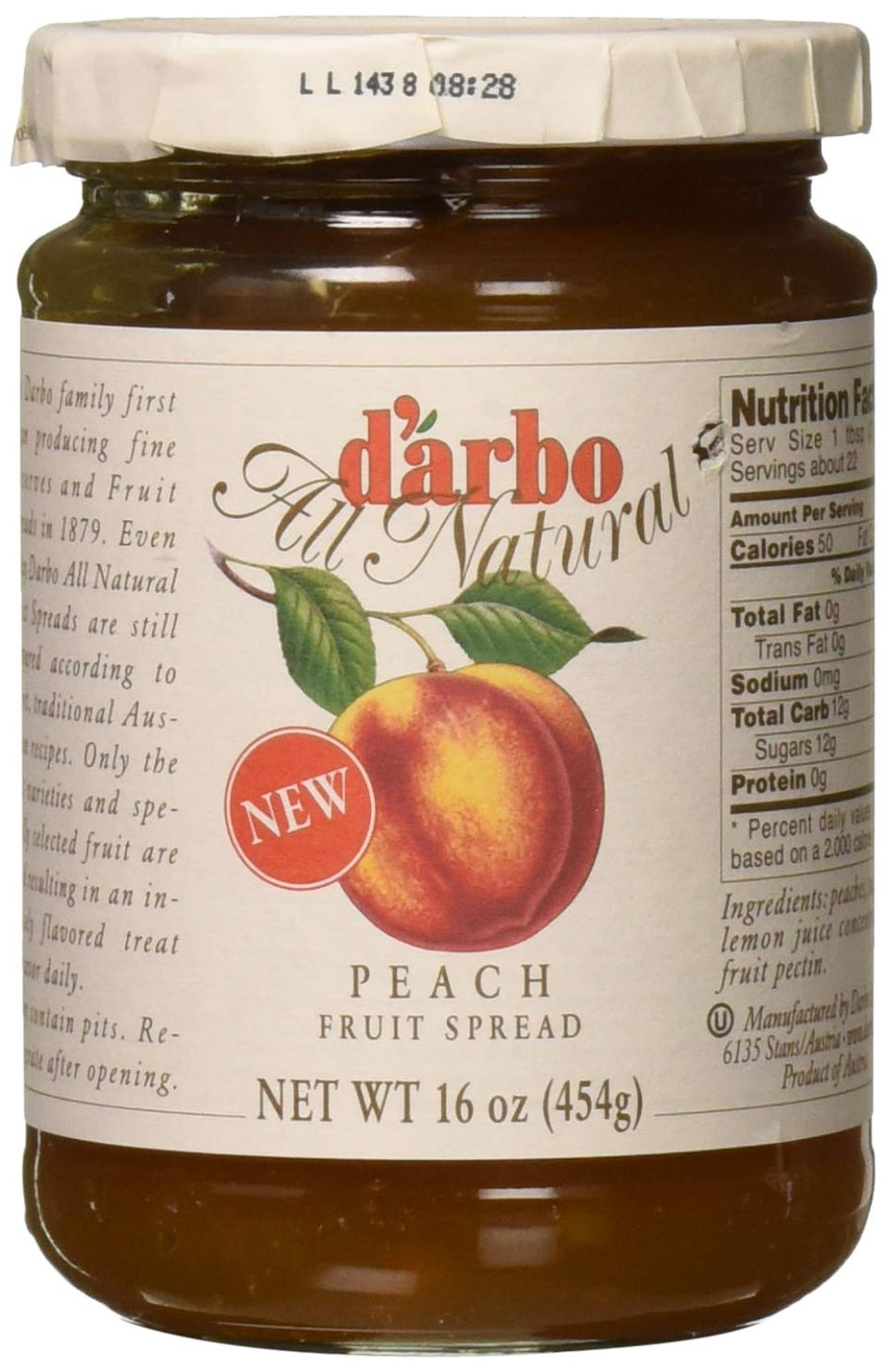 d'arbo All Natural Peach Fruit Spread, 16 Ounce