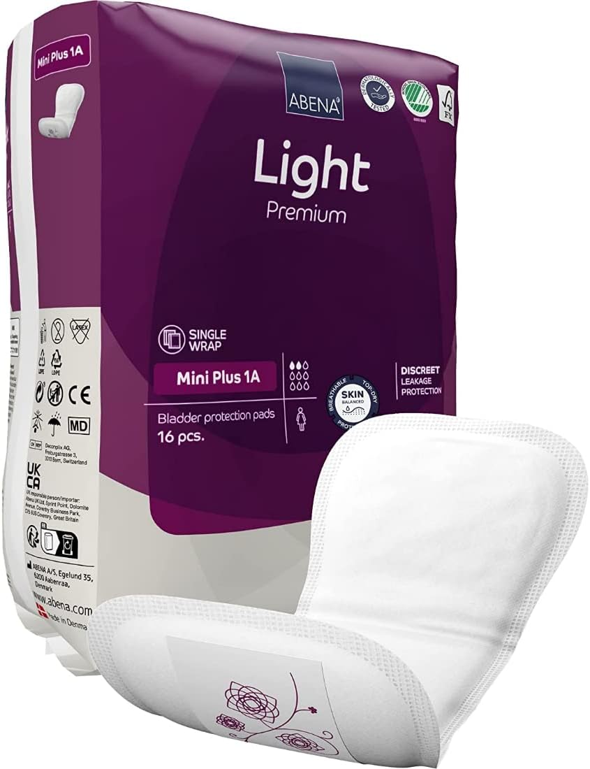 Abena Light Incontinence Pads, Eco-Friendly Women's Incontinence Pads for Adults, Breathable & Comfortable with Fast Absorption & Protection, Incontinence Pads for Women, Mini Plus 1A, 200ml 16PK
