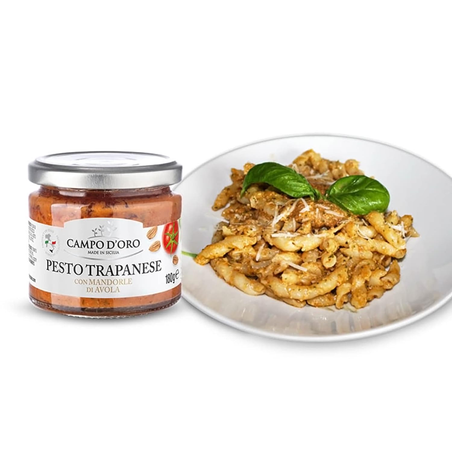 Trapanese Pesto Sauce, made with Tomato Sauce, Basil & Almonds. Italian Specialties. 6.3oz (180g). 100% made in Italy. By Campo D'Oro
