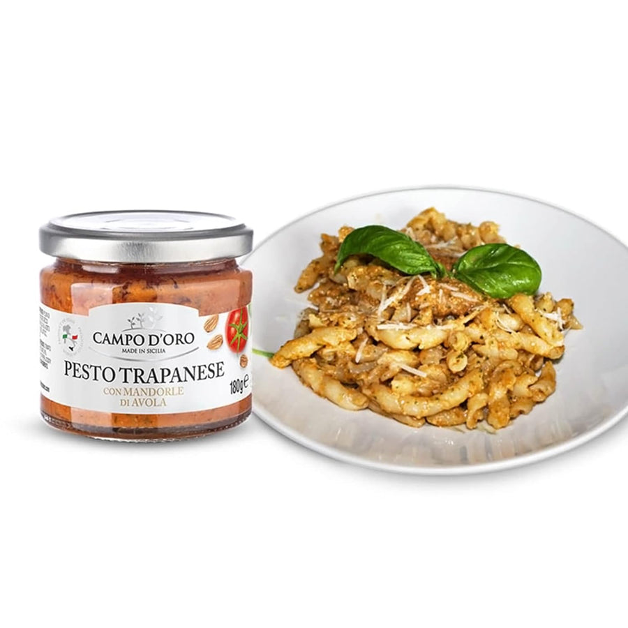 Trapanese Pesto Sauce, made with Tomato Sauce, Basil & Almonds. Italian Specialties. 6.3oz (180g). 100% made in Italy. By Campo D'Oro