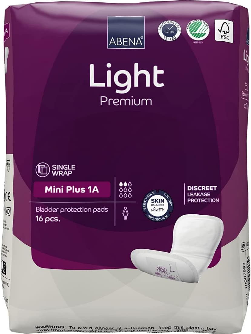 Abena Light Incontinence Pads, Eco-Friendly Women's Incontinence Pads for Adults, Breathable & Comfortable with Fast Absorption & Protection, Incontinence Pads for Women, Mini Plus 1A, 200ml 16PK