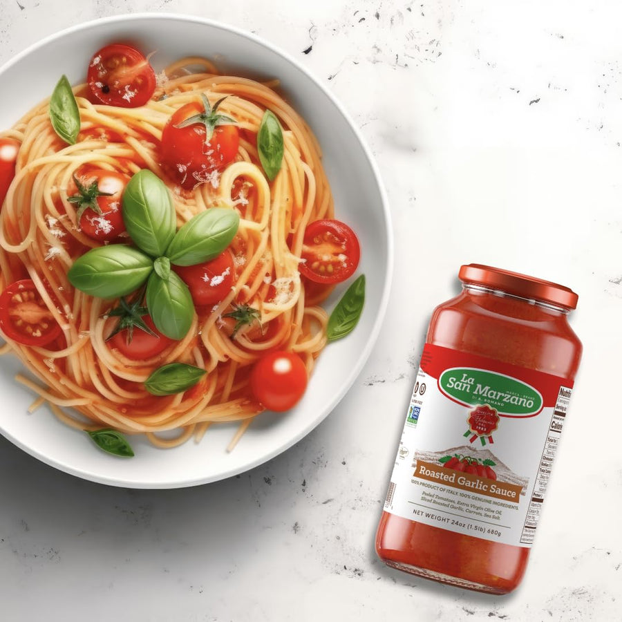 La San Marzano - Roasted Garlic Sauce - Pasta Sauce with 100% Italian Tomatoes Made in Italy - Peeled Tomatoes with Fresh and Natural Ingredients Non GMO Tomatoes, Vegan, Gluten Free, Kosher, Mediterranean Diet 24 Ounce Jar Pack 1