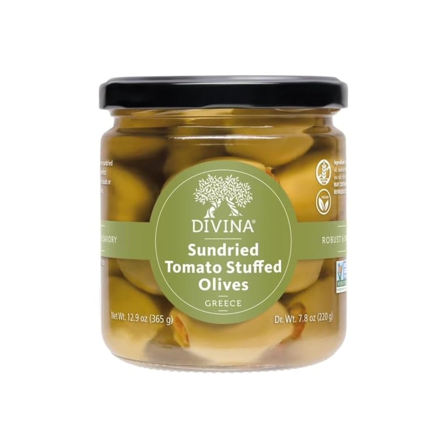 DIVINA, Stuffed Olives, Sundried Tomoto, Pack of 1, Size 7.8 OZ, (GMO Free)