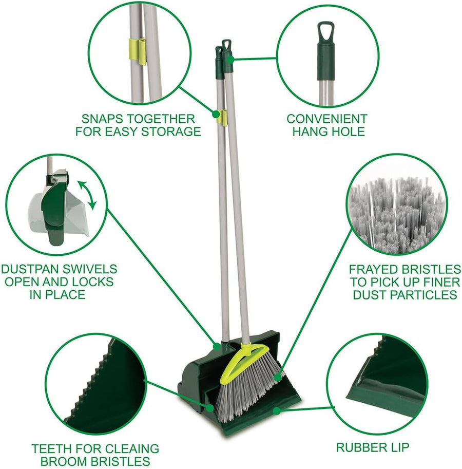 Pine-Sol Broom and Dustpan Set for Home - Both Indoor, Outdoor and Wet or Dry Use – Upright Standing Combo with Adjustable Handle for Comfort