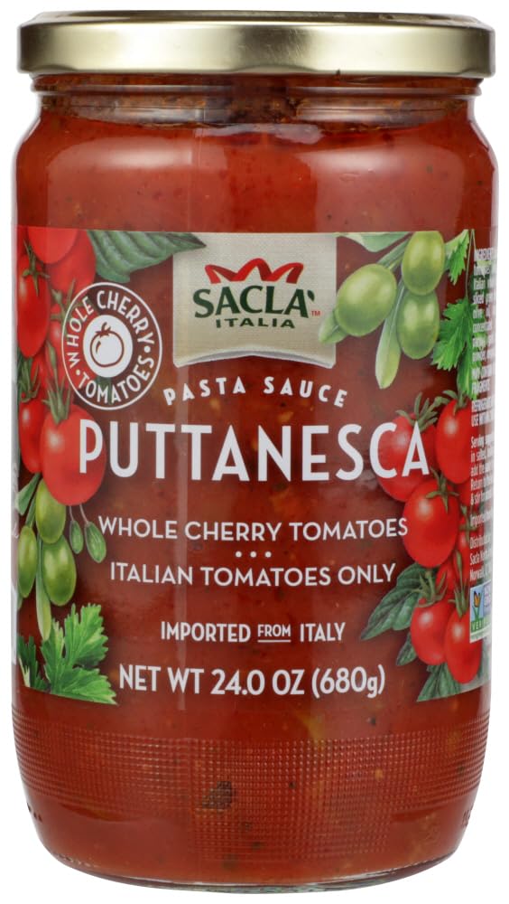 Puttanesca Pasta Sauce, Whole Cherry Italian Tomatoes, Imported From Italy, Net Wt 23.6 OZ (680g) PACK OF 1