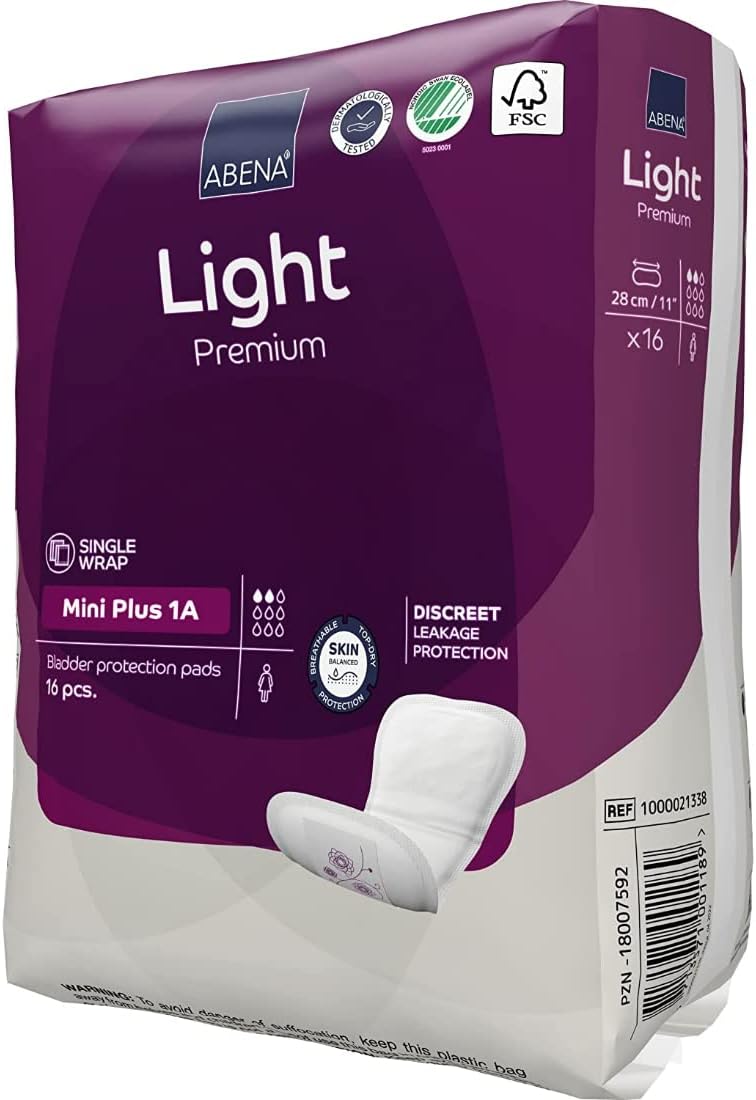 Abena Light Incontinence Pads, Eco-Friendly Women's Incontinence Pads for Adults, Breathable & Comfortable with Fast Absorption & Protection, Incontinence Pads for Women, Mini Plus 1A, 200ml 16PK