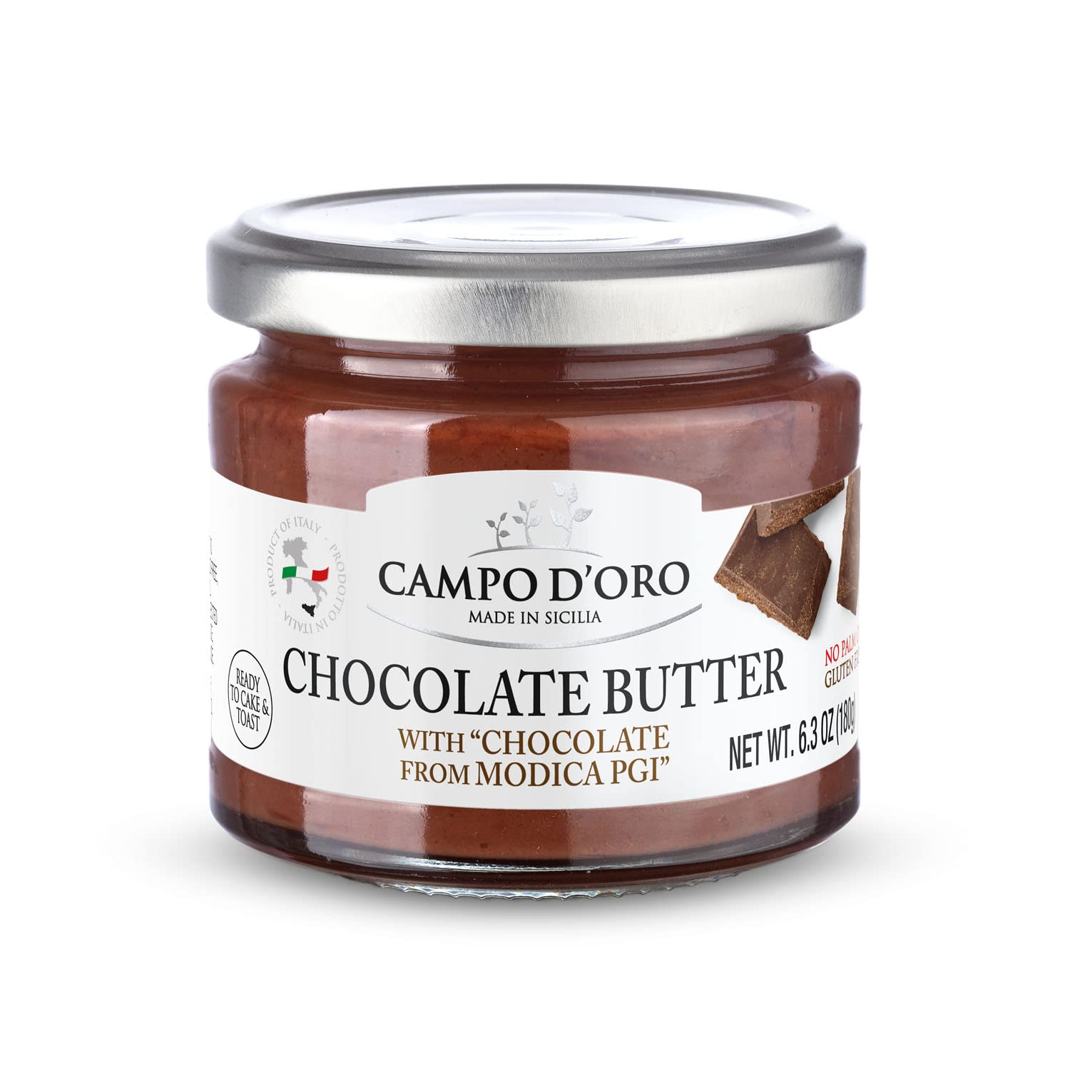 CAMPO D'ORO CHOCOLATE SPREAD 6,3 oz X2. Dark chocolate sweet cream Modica PGI. Dark Chocolate spread with milk. Italian chocolate, chocolate butter for breakfast. 100% Made in italy